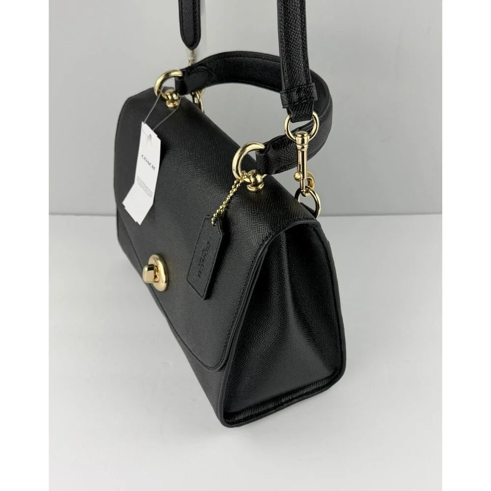 COACH Tilly Crossbody Top Handle Twist Lock Black Gold Leather Bag F76618 - $398